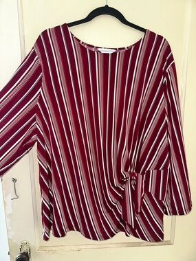 Liz Claiborne Burgundy and White Striped Side-Tie Blouse